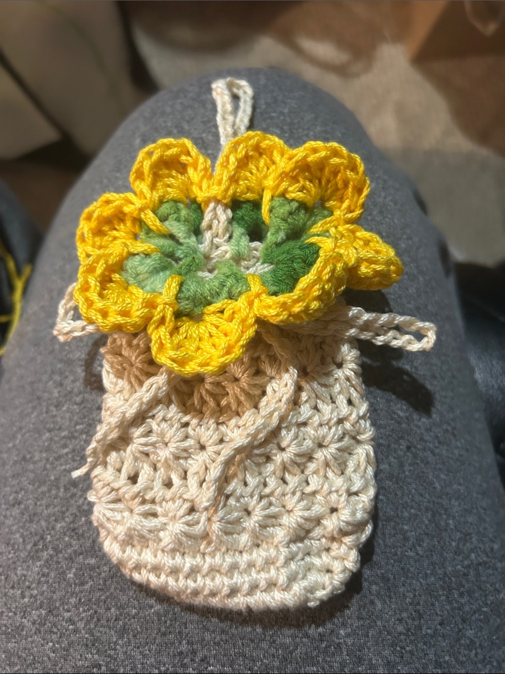 Special order-
Crochet Drawstring Soap Saver Pouch with Yellow Flower